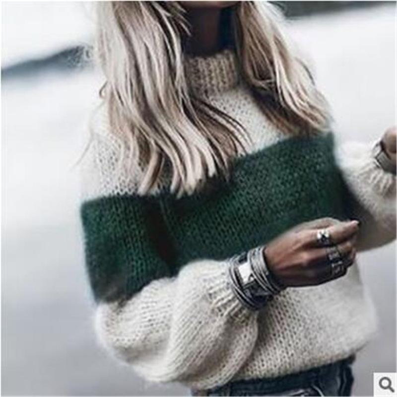 

2020 Autumn winter fashion pullovers women' mohair Round collar stripe long sleeve sweater casual loose knitwear sweater