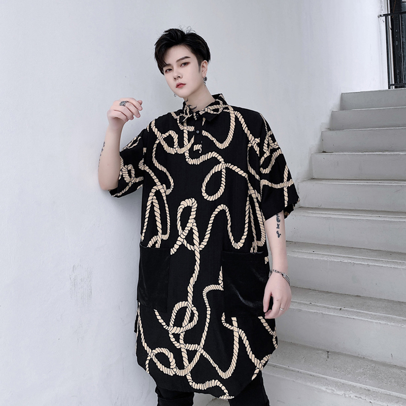 

Summer fashion trends 2020 Men Mid Long stripe printing shirt short sleeve button Casual Streetwear Blouse Camisa masculina