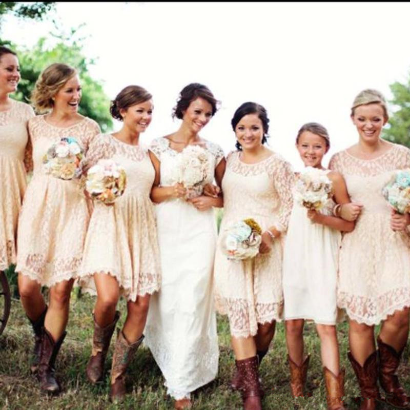 

Cheap Country Bridesmaid Dresses Short Lace Maid of Honor Gowns Illusion Scoop Sheer Sleeves Asymmetrical Hem Custom Made B148