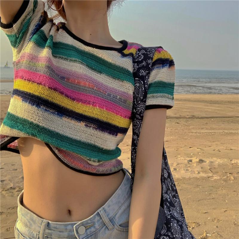 

Women Rainbow Striped Knitted Tops 2020 New Summer Fashion Short Sexy Crop Top Blouses Women Loose Knitwear Shirt Blusas, Photo color
