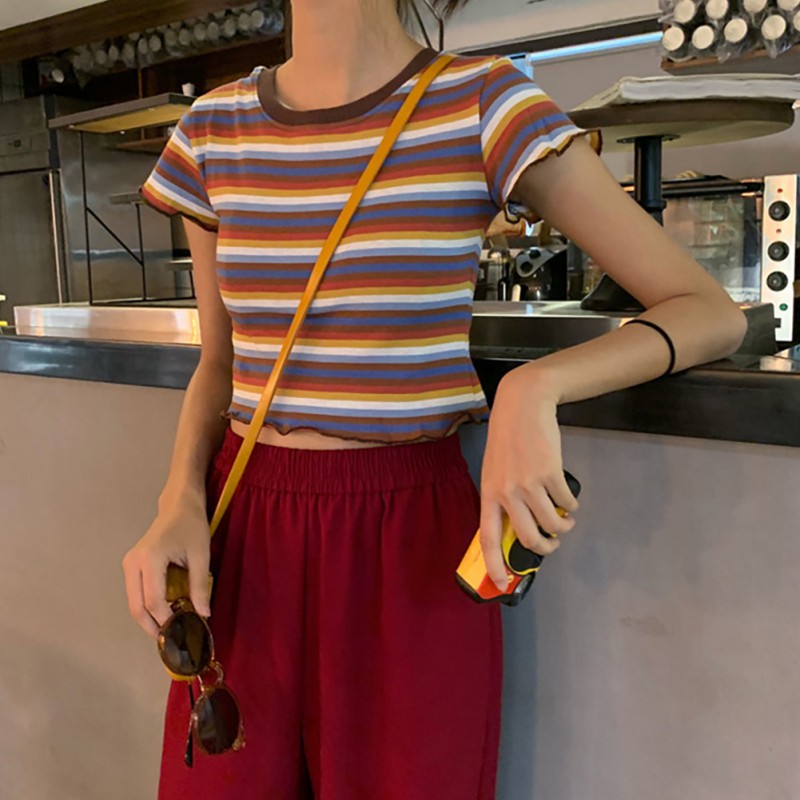 

Korean Shirt Summer Girls Women's Short Sleeve T-shirt Rainbow Striped Round Collar Short Sleeve Fashion Casual T-shirts