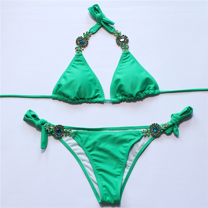 

Sexy Brazilian Bikini Luxury Crystal Swimsuit Women Swimming Bandage Lace Halter Bathing Suit Beachwear Swimwear Bikinis Set