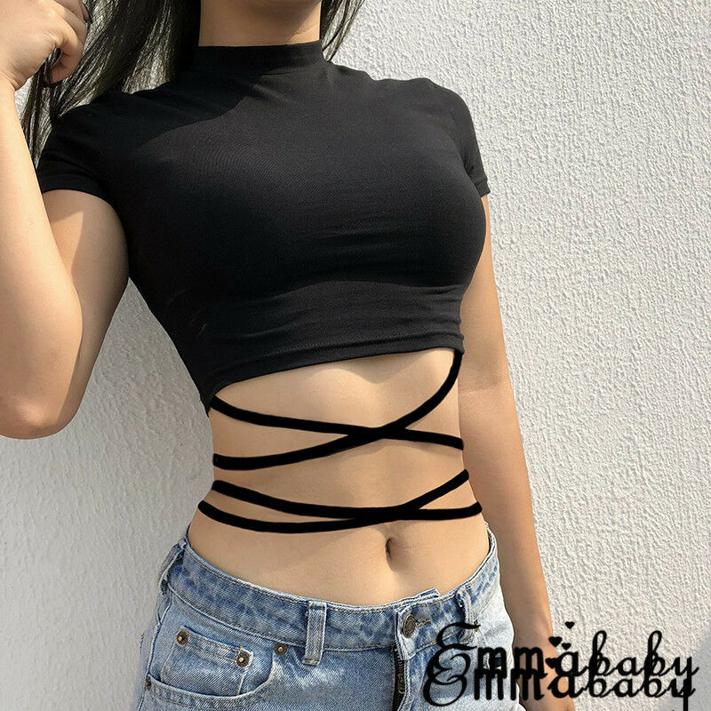

Women Casual Tank Top Blouse Ladies Slim Crop Top Short Sleeve T-Shirt, Black