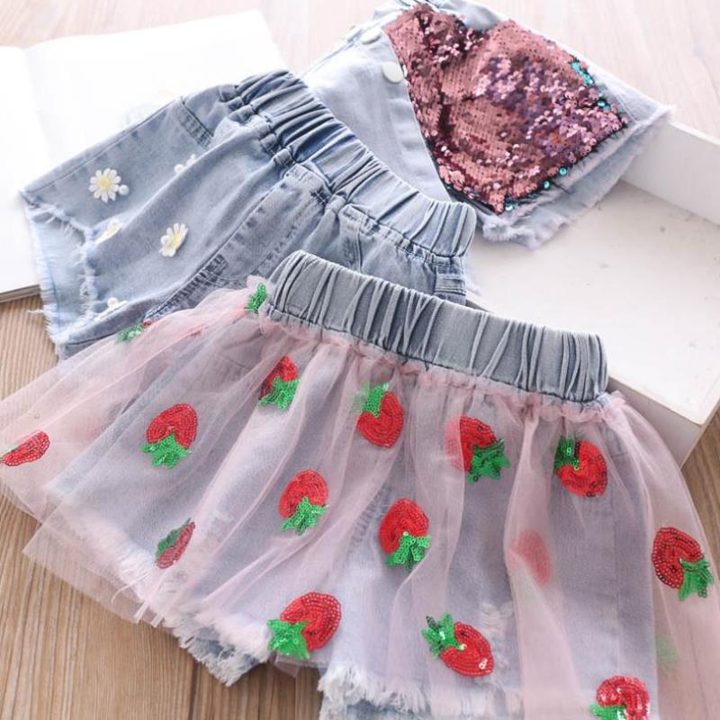 

2T-8T Wholesale Children's denim shorts baby girls clothes summer Sequines Mesh casual hot pants kids clothes jeans shorts L226, Blue2 (90-130)
