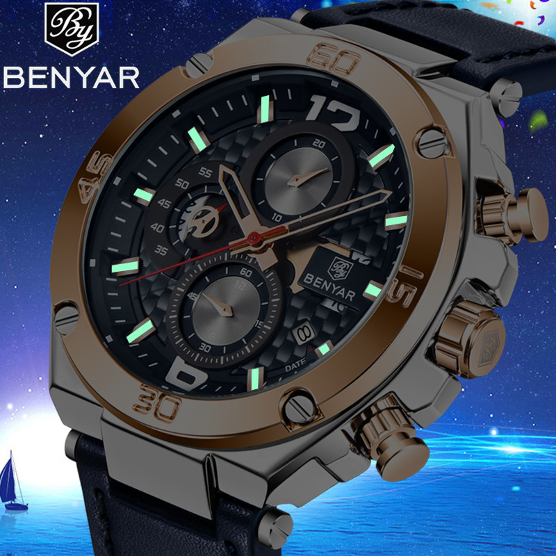 

2019 New BENYAR Brand Men Quartz Watch Luxury Military Sport Chronograph Business Waterproof Leather Watches Relogio Masculino LY191213, Black in box