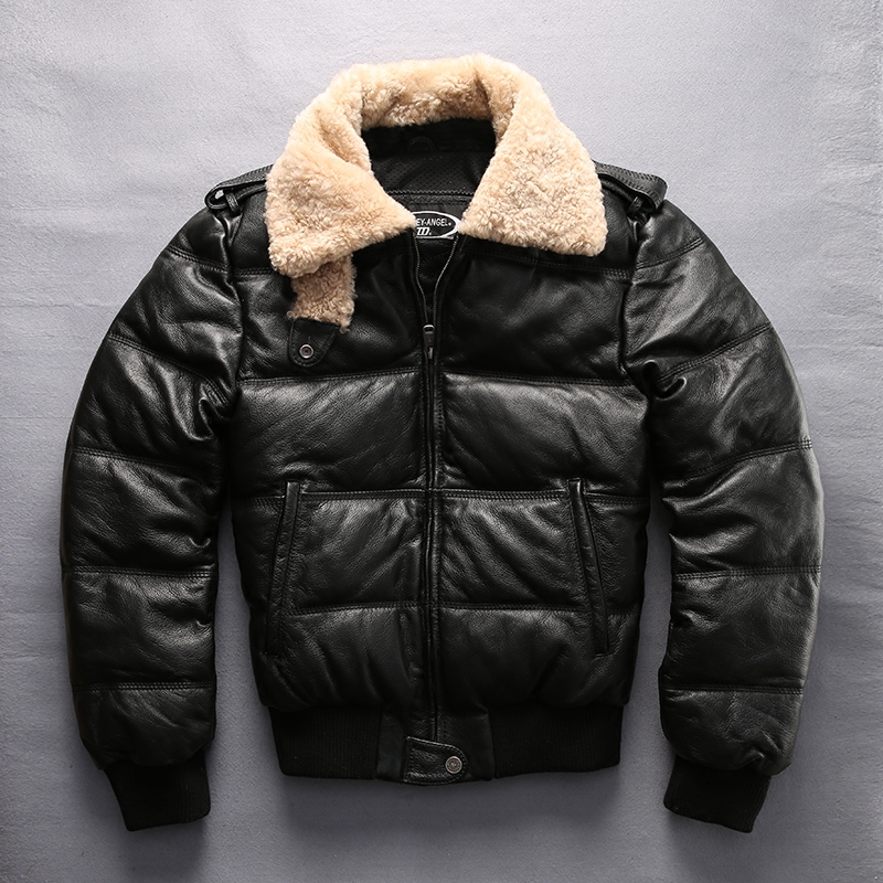 

HARLEYANGEL 2018 Mens Genuine Leather Down Coats Leather Jacket Fashion Section Casual Coat Motorcycle Biker Jacket, Black