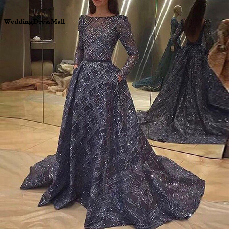 

Long Sleeves Glitter Navy Blue Backless Arabic Evening Dress Dubai Formal Evening Gowns robe de soiree, Black