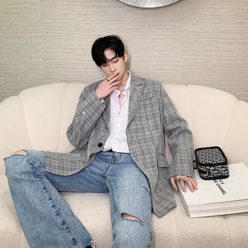 

2020 Spring And Autumn New Youth Popular Plaid Small Suit Fashion Casual Wild Loose Single-breasted Shirt Gray -XL
