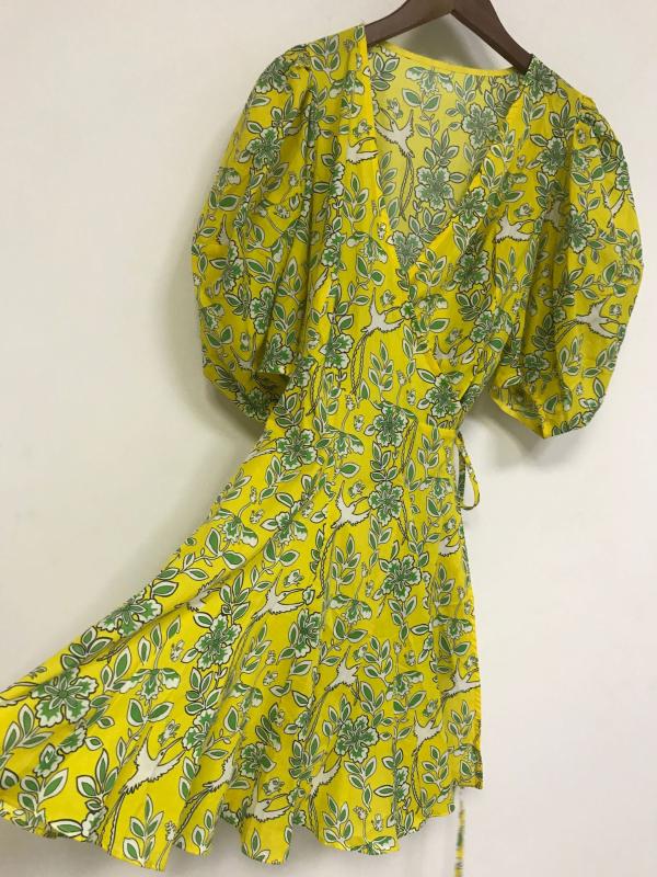 

Women Dress 2020 Summer New Cotton Printed Puff Sleeve Wrap Lace Women' Mini Dress, Yellow