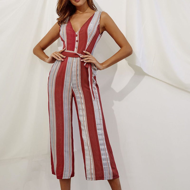 

Summer jumpsuits 2019 Striped high waist wide leg pants button rompers womens jumpsuit v neck long jumpsuit Bodysuit women, Red