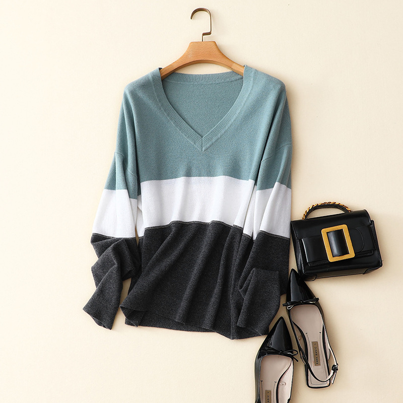 

autumn new patchwork fashion v neck loose styles women's knit casual fashion soft 100% cashmere pullovers, Beige