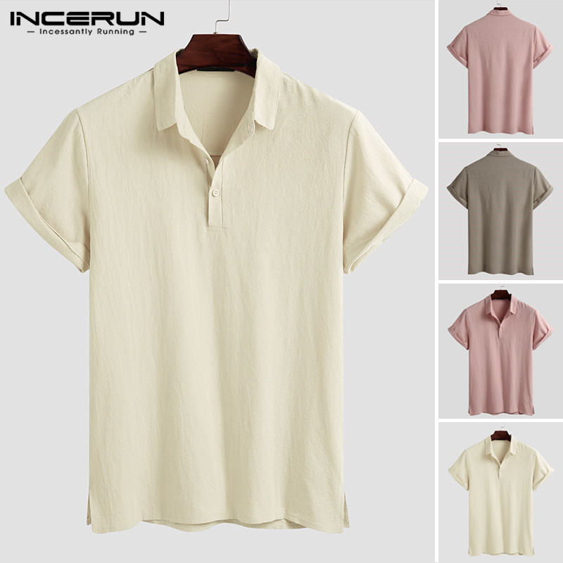

INCERUN Men Casual Solid Color Shirts Leisure Shirts Short Sleeve Lapel Blouse Business Brand Blusas Breathable Hombre Camisa, Gray