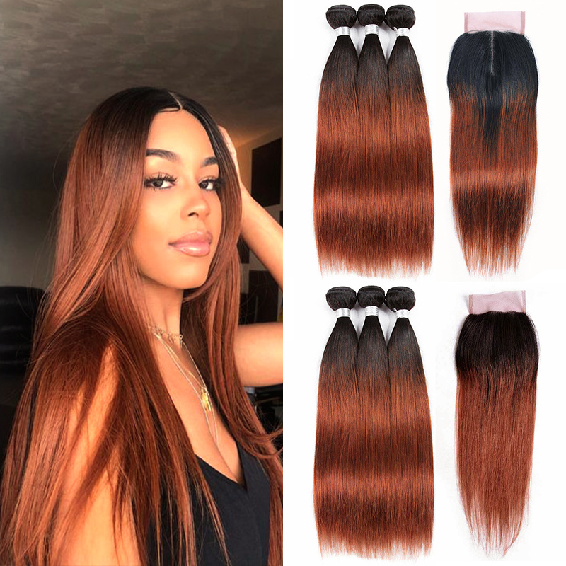 

Two Tone Ombre Auburn Brazilian Virgin Hair Weave 3 Bundles with 4x4 Lace Closure 1B/33 Black Roots Raw Human Hair Extensions Pre-Colored, 1b/33 4x4 middle part lace closure
