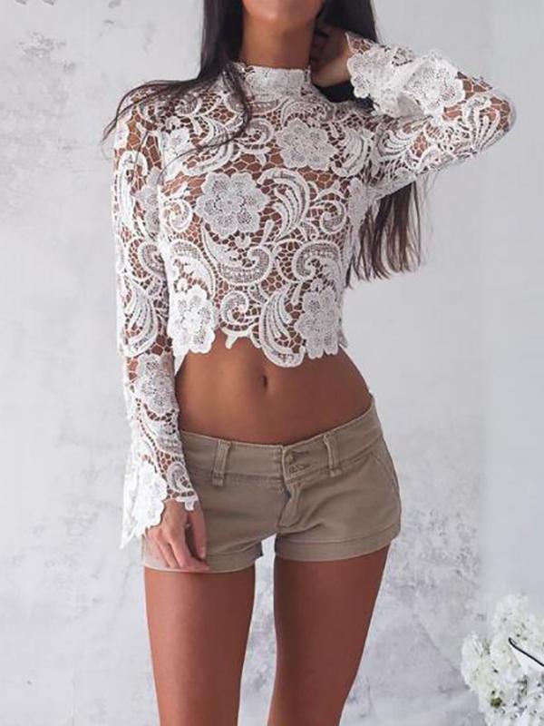 

Elegant Turtleneck White Lace blouses See Through Sexy Long Sleeve Crochet Short Blouse Women Fashion Tops Floral Ladies Shirt, As pic