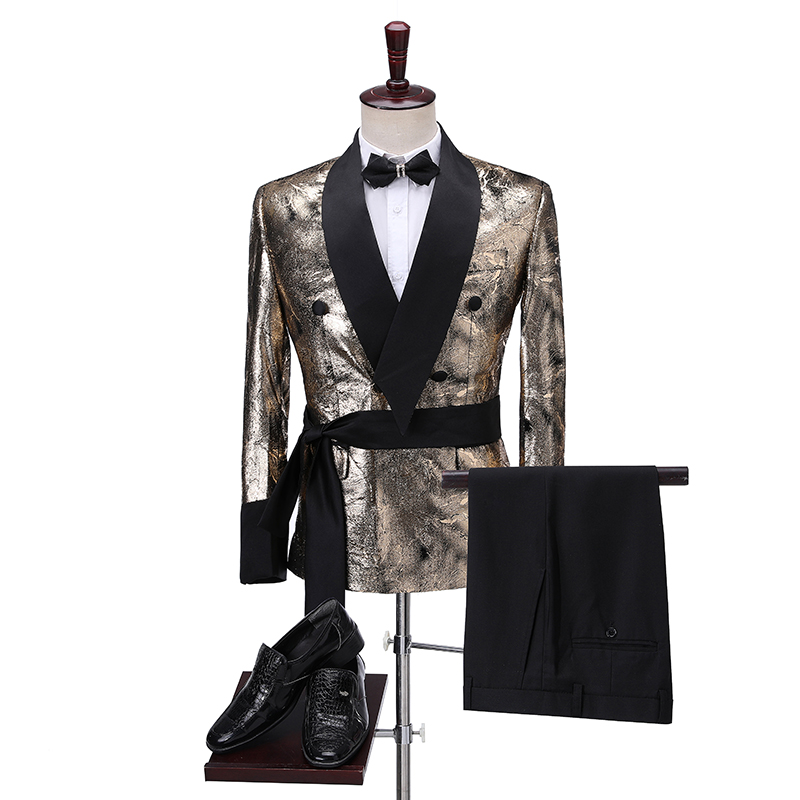 

2020 Double Breasted Suit Latest Coat Pant Designs Gold Shiny Tuxedo Shawl Lapel Party Dress Groom Suit Men For Wedding, Only jacket