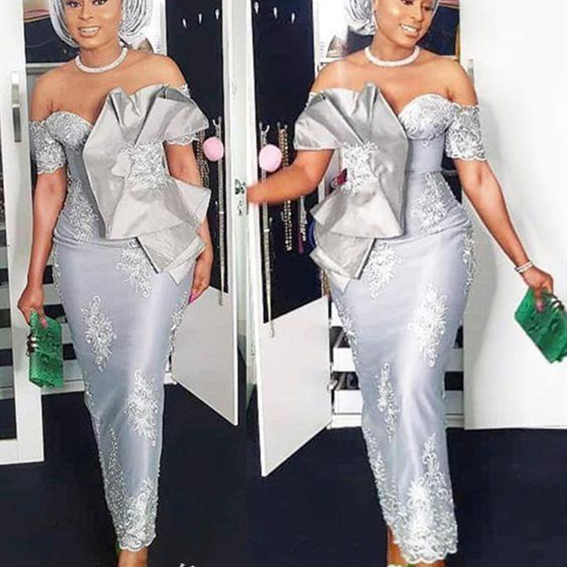 2020 Sexy Off The Shoulder Prom Dresses Short Sleeves Silver Sheath Mermaid Tea Length Formal Evening Dress Cocktail Party Gowns