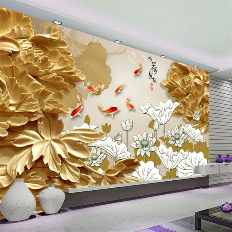 

Custom wallpaper 3d 3d high-end three-dimensional wood carving Peony Wing Huan fish living room bedroom TV background wallpaper, As pic