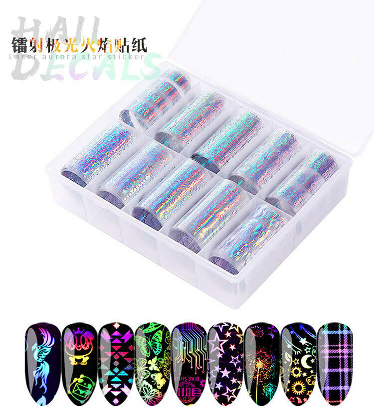 

10 Rolls Holographic Stickers Nail Foil Laser Flame Butterfly Nail Art Transfer Sticker with box, Multi