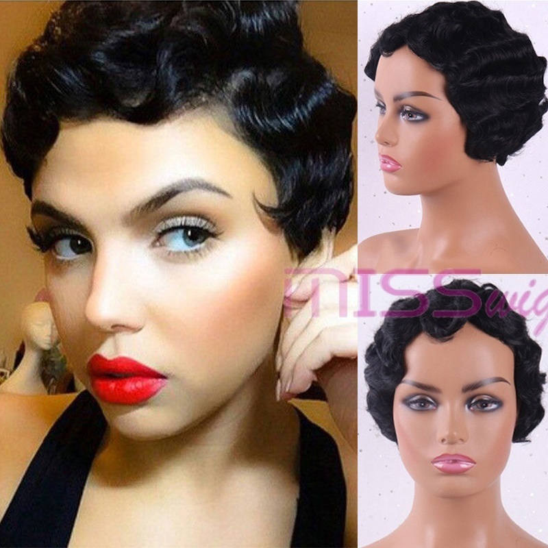 

LINGHANG Short Curly High Temperature Synthetic Hair Finger Wave Wig Red White Black Gold 4 Colors Suitable For Black Women, 1b