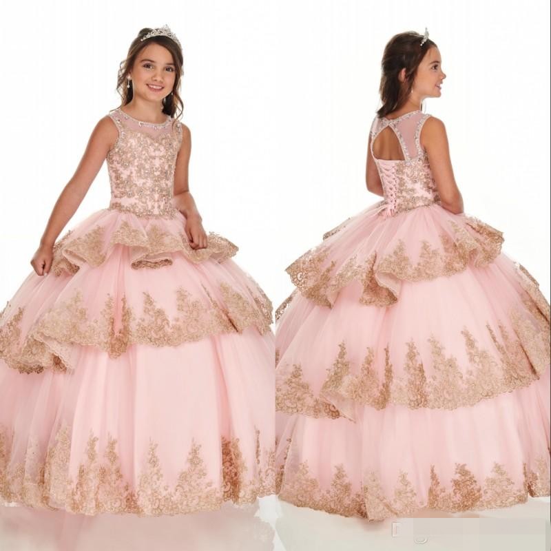 

2020 Pink Flower Girls' Dresses Gold Applique Tiered Skirt Tulle Beaded Crystals Jewel Neck Sleeveless Little Girl Pageant Ball Gown, Red