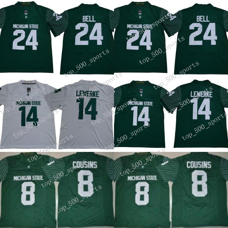

NCAA Michigan State Spartans #14 Brian Lewerke 8 Kirk Cousins 24 LeVeon Bell 26 Green White Stitched B1G MSU College Football Rush Jersey, Colour 1