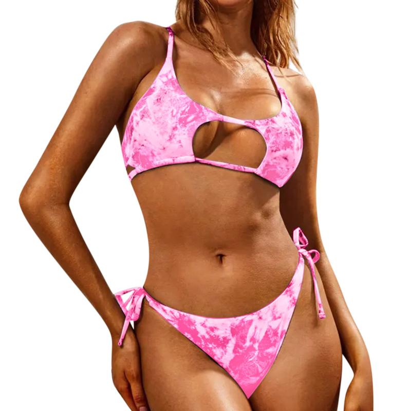 

Women' Tie-dye Bikini Suits Hollow Out Cross Straps Top and Side Lace up Thong Split Swimsuit Swimming Suit, As photo shows