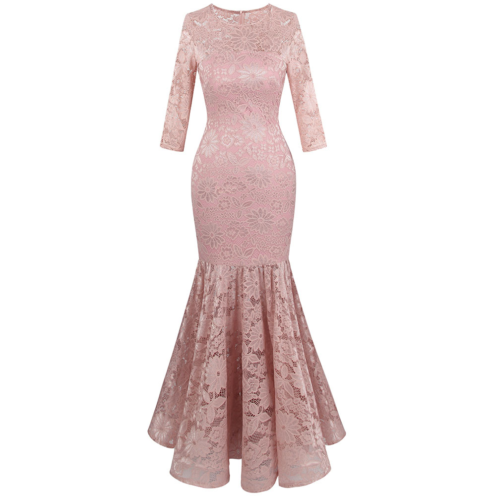 

Angel-fashions Women's Floral Lace 3/4 Sleeve Mermaid Bodycon Evening Dress Party Dress Prom Gown Pink 416, Black
