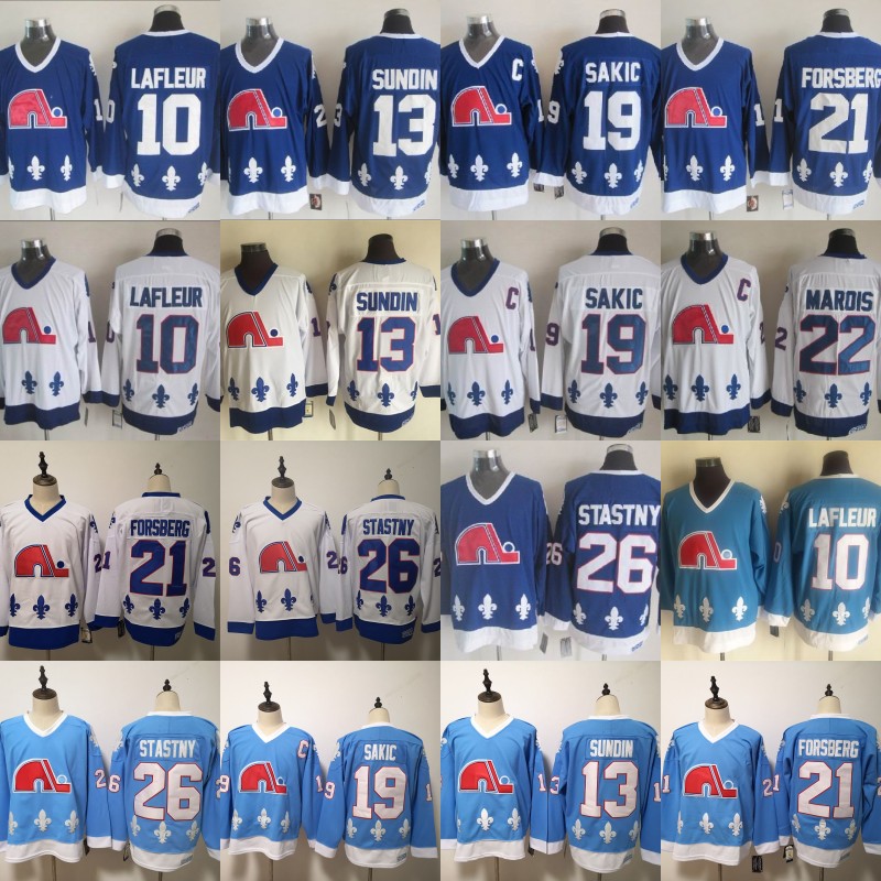 

Vintage Quebec Nordiques 10 Guy Lafleur 21 Peter Forsberg 13 Mats Sundin 19 Joe Sakic 26 Peter Stastny White Baby Blue Ice Hockey Jerseys, 10 blue