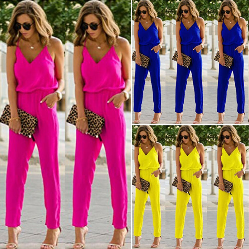 

Womens Holiday Sleeveless Jumpsuit Ladies Summer Beachwear Playsuit Romper Fashion Casual Loose Solid Sling Lady Playsuit