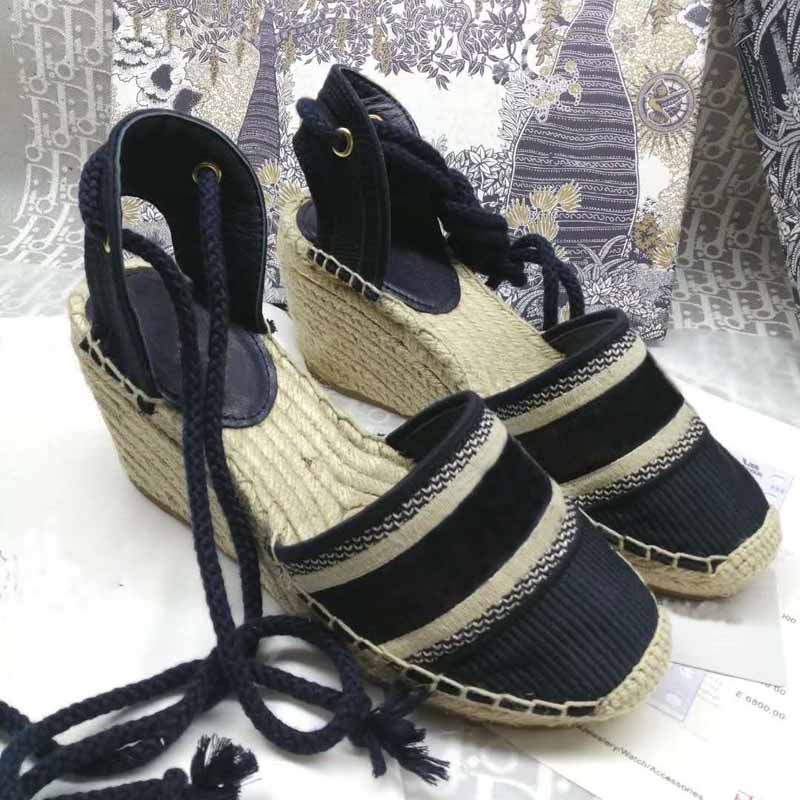 

Fashion designer style ladies canvas new thick bottom straw fisherman weave wedge sandals summer beach embroidery strap high heel sandals, Style-1 black