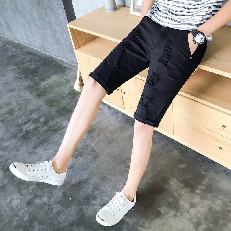 

Wholesale 2020 Fashion denim Casual Men's summer new wild Ripped hole denim shorts fashion trend beggar Korean casual jeans, Black