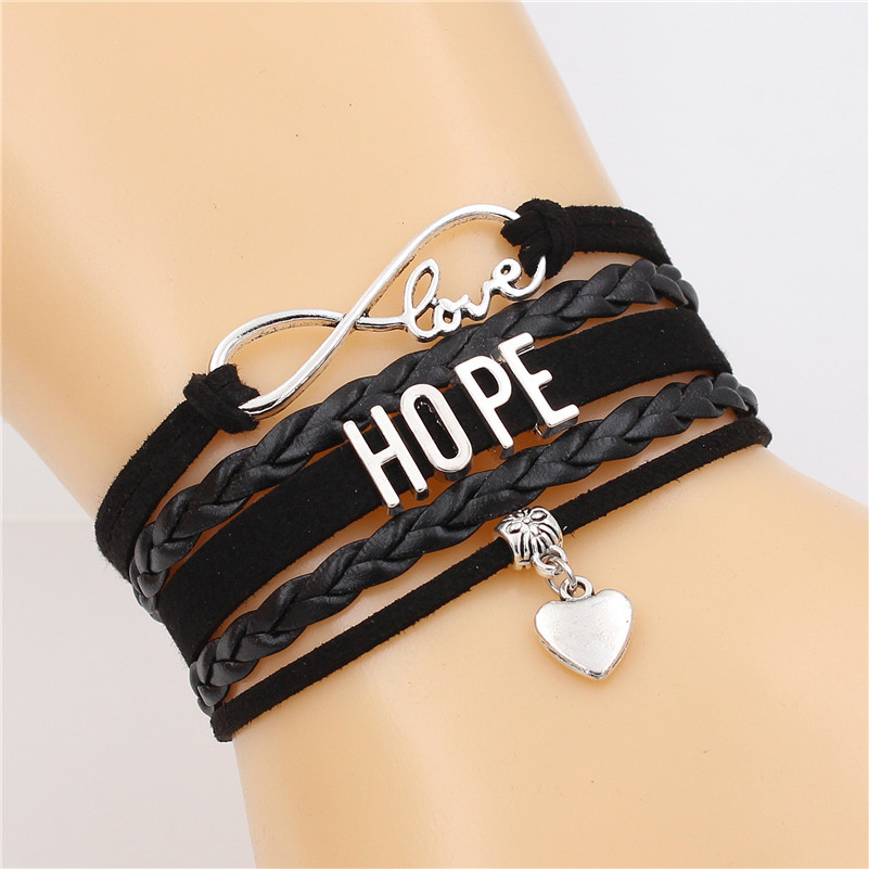 

7 Colors Hope Letter Bracelet Infinity Love Cute Heart Charm Handmade Leather Bracelets Punk Jewelry For Women Mother's Day Gift