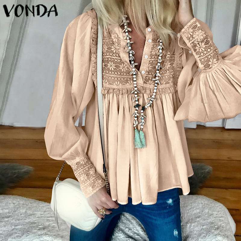 

VONDA Women Blouses And Tops 2020 Spring Summer Sexy V Neck Lantern Sleeve Tops Beach Party Blusa Office Ladies Shirts Plus Size, Khaki