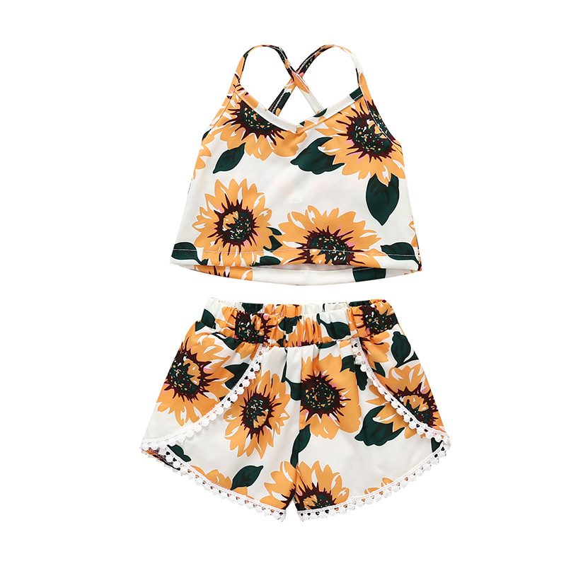 

2020 Summer Newest Flower Print Baby Girl Set Fashion Vest+Shorts 2pcs Suit Children Outfits Kids Clothes for Girl, Yellow