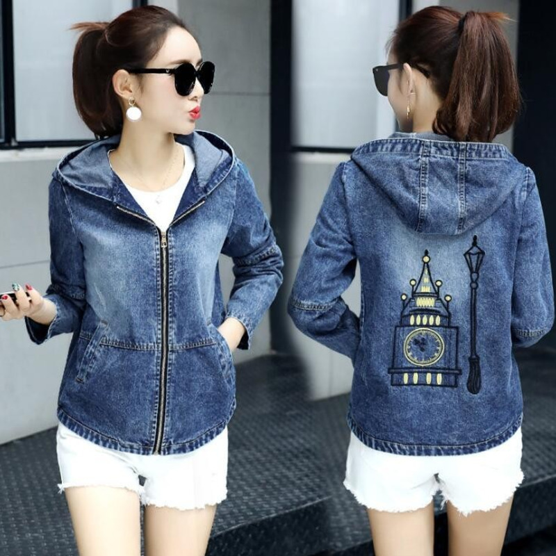 

#3314 2019 Spring Women Jeans Jacket Short Slim With Hooded Back Embroidery Zipper Women Jeans Jacket Fashion Plus Size 3XL, Blue