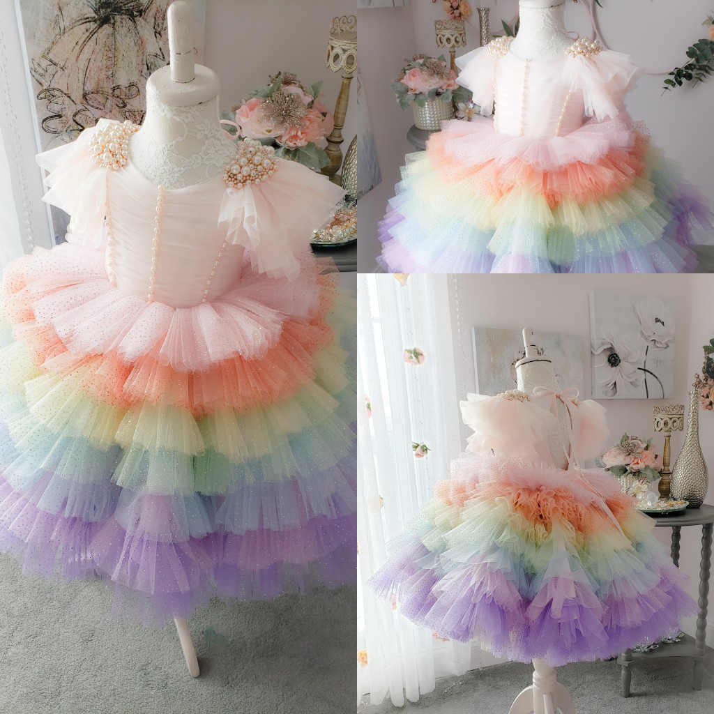 

Newest Ball Gown Flower Girl Dress Jewel Neck Short Sleeve Tulle Lace Pearls Tiers Wedding Dress Floor Length Girl's Birthday Part, Orange
