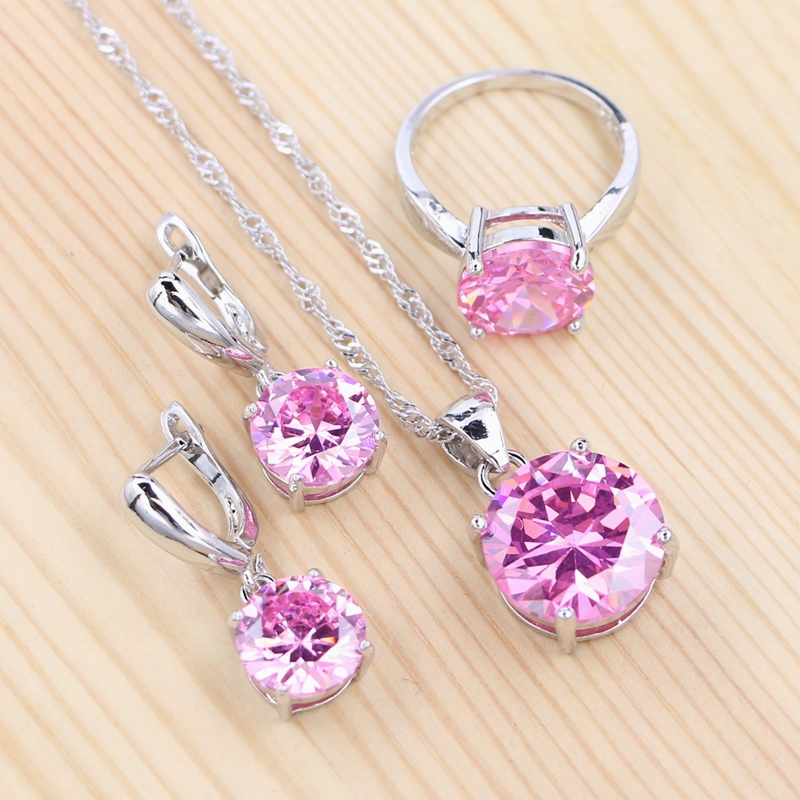 

Cute Jewelry Pink Round Cubic Zirconia Jewelry Set 925 Sterling Silver Wedding Earrings/Pendant/Necklace/Ring For Women, As pic