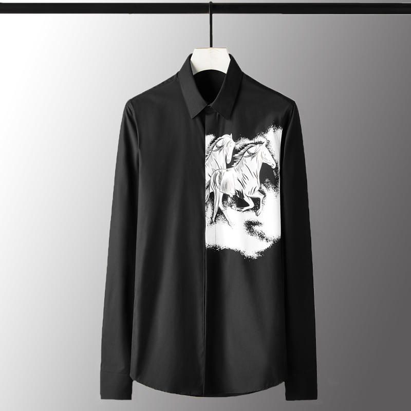

Cotton Luxury Horse Printed Long Sleeve Mens Dress Plus Size 4xl Solid Color Slim Fit Male Shirts, Black