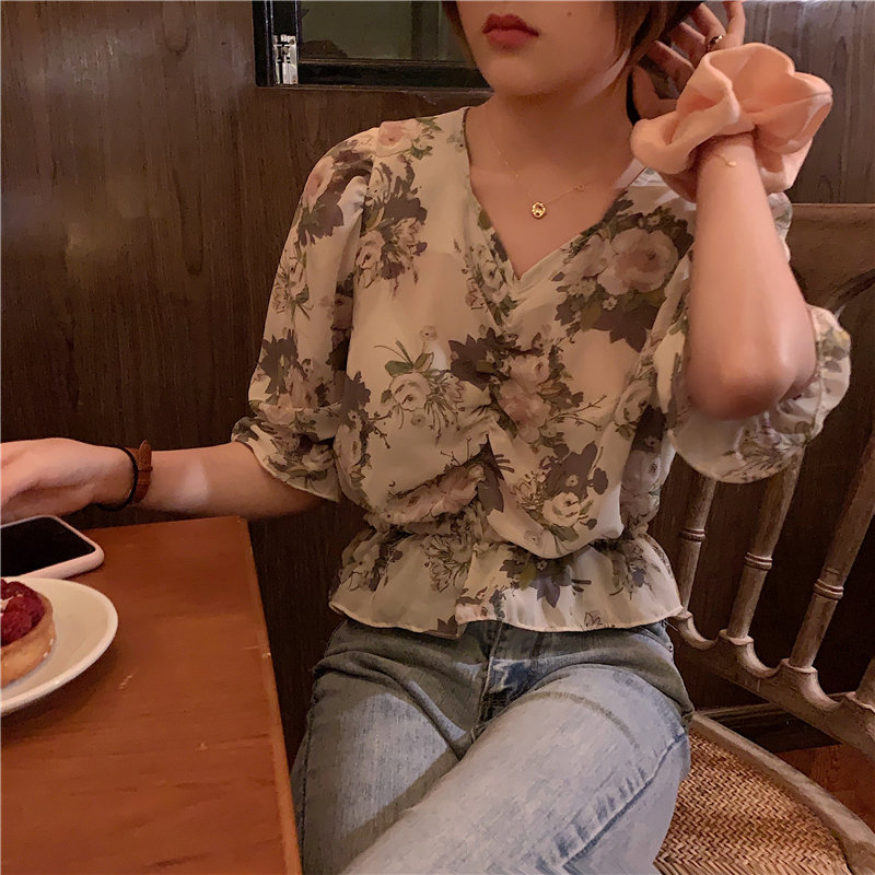 

Alien Kitty Vintage Florals Pleated Office Lady High Waist 2020 Short Sleeves Leisure Casual Geometric All-Match Loose Shirts, Photo color