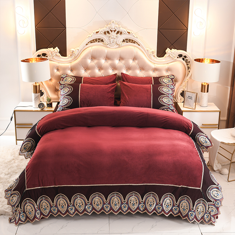 

Red Purple Green Gray Blue Winter Velvet European Lace Bedding Set Fleece Fabric Duvet Cover Bed sheet Pillowcases, 12