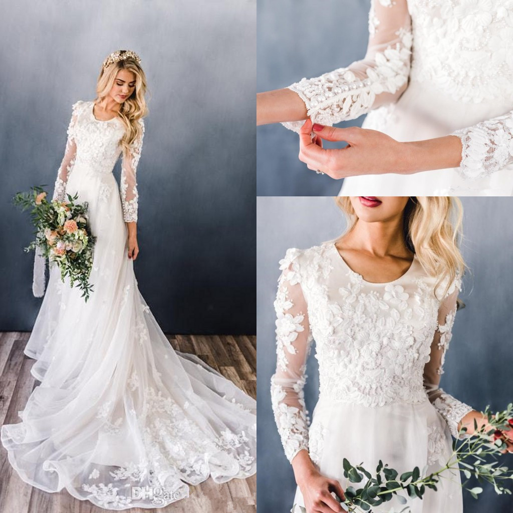 

New Elegant Lace A-line Modest Wedding Dresses With Long Sleeves Scoop Neck 3D Floral Lace Appliques Beaded Chapel Train Bridal Gowns, Ivory