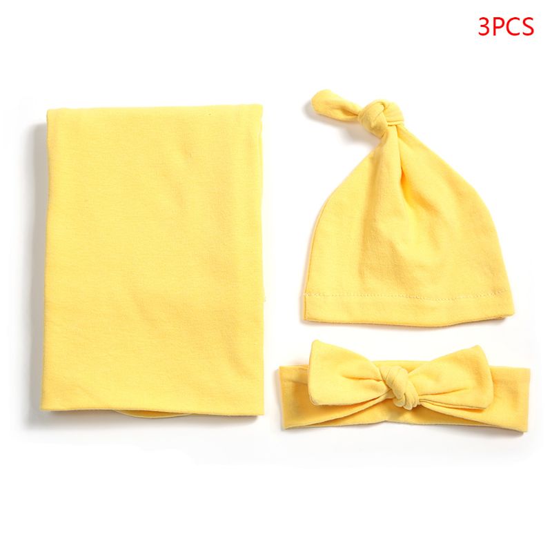 

New 3 Pcs/set Cotton Baby Blanket Hat Headband Set Newborn Swaddle Towel Hair Band, Light brown
