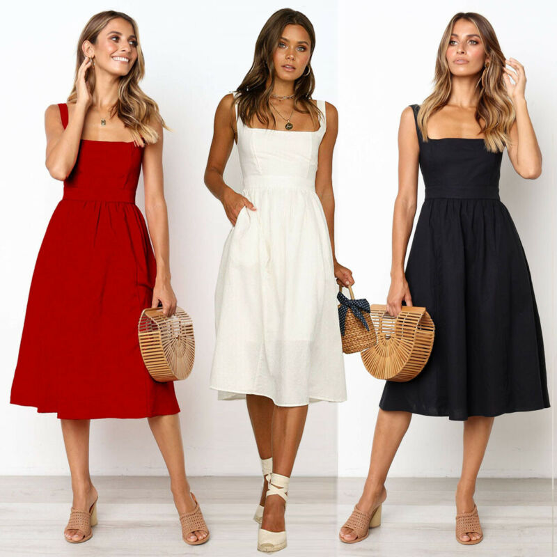 

2020 Summer Fashion Women Solid Sleeveless Dress Strappy Ladies Casual Party Beach Midi Swing Sundress, Black