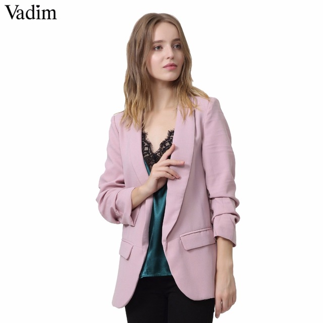 

Woman elewhite black green blazer crimping three quarter sleeve outerwear notched pocket office casual tops CT1504, White