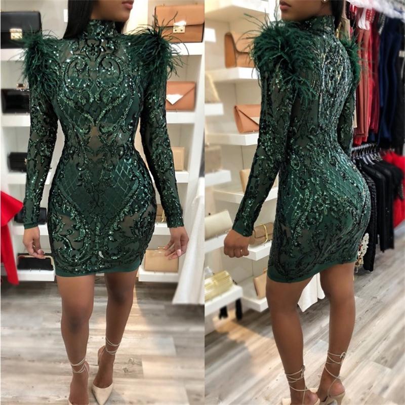 

2020 Stylish Sheath Evening Dresses Long Sleeves High Collar Illsuion Lace Applique Sequins Cocktail Party Dress Sexy Prom Gowns Club Wear, Brown