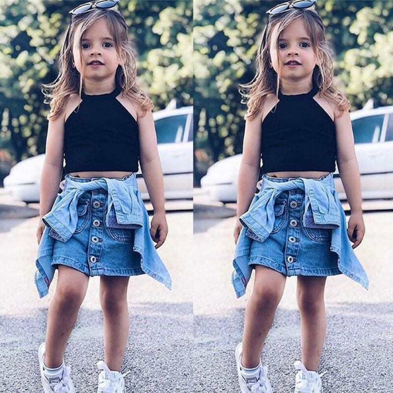 

Toddler Kids Baby Girls Summer Crop Tops Denim Skirt Dress Outfits Set Clothes, As pic
