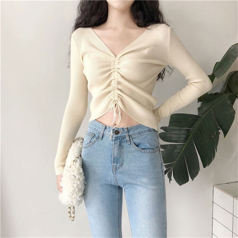 

Women Fitted Knitting V-neck Sexy Drawstring Tied Top Sexy Long Sleeve exposed navel short Knitwear Tops Woman, Light yellow