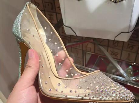 

Hot Sale-spring summer Elegant styles women shoes Rhinestone high heels crystals pointed toe mesh Pumps woman red sole wedding shoes, Black