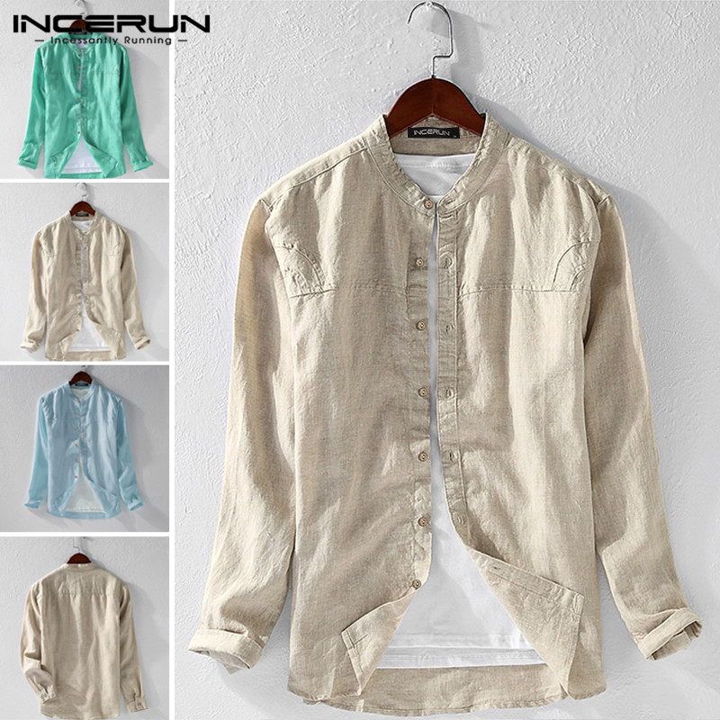 

INCERUN Man Long Sleeve Shirts Casual Solid Color Cotton Shirt Men Stand Collar Breathable Blouse Chic Style Tops Loose Camisa, Beige