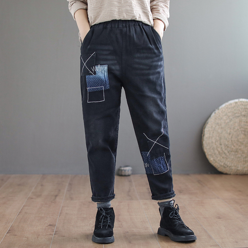 

Winter Jeans Women Retro Fleece Warm Casual Denim Pants 2019 New Ladies Elastic Waist pocket Patchwork All-match Trousers, Black